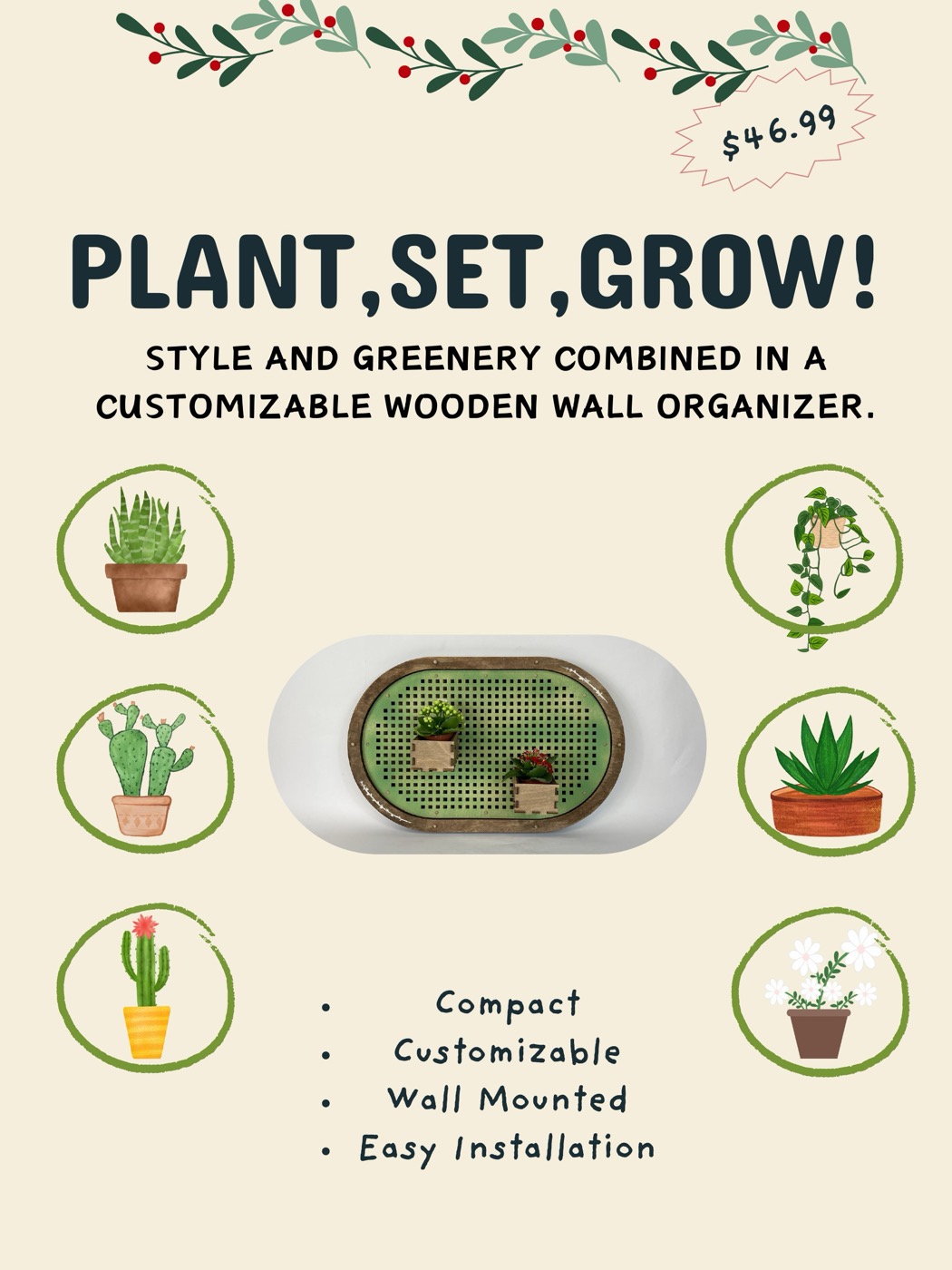 Plant, Set, Grow poster: a customizable wooden wall organizer